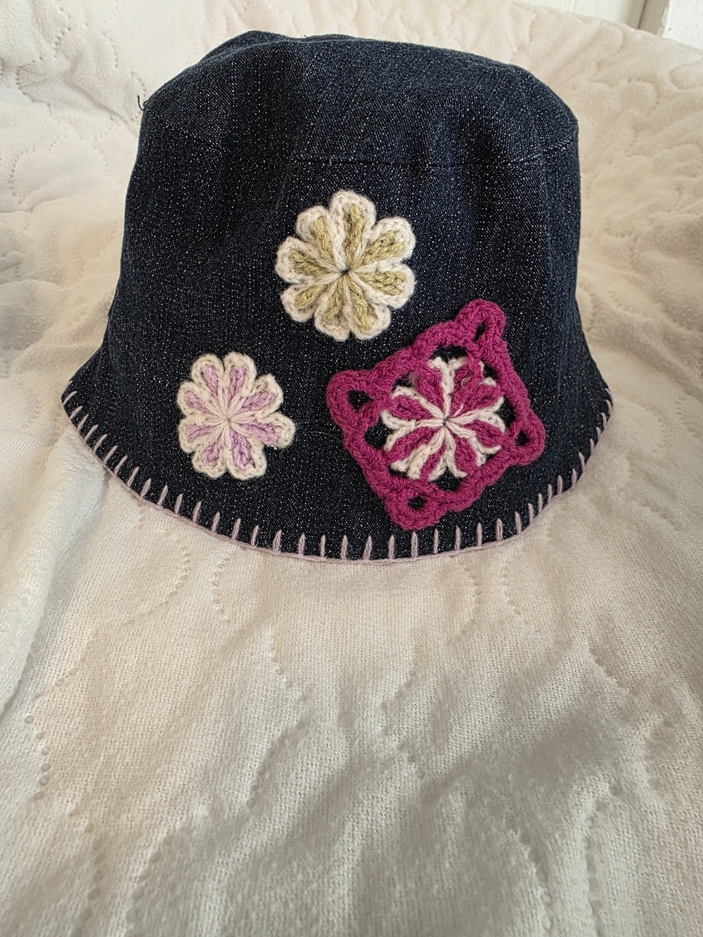 The Children's Place Dark Denim Bucket Hat with Pink & Cream Crochet Flowers